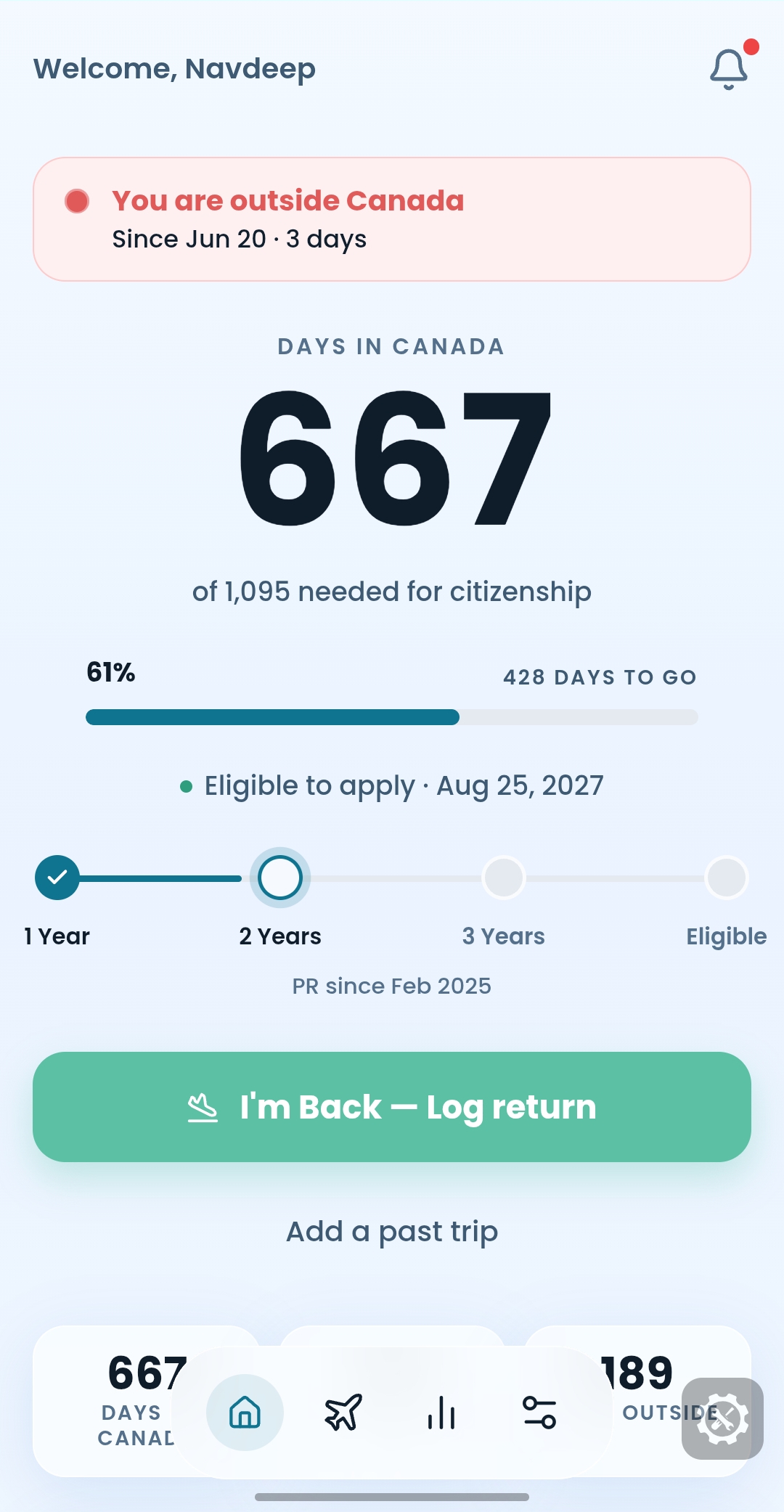 BorderLog dashboard showing a current open trip outside Canada