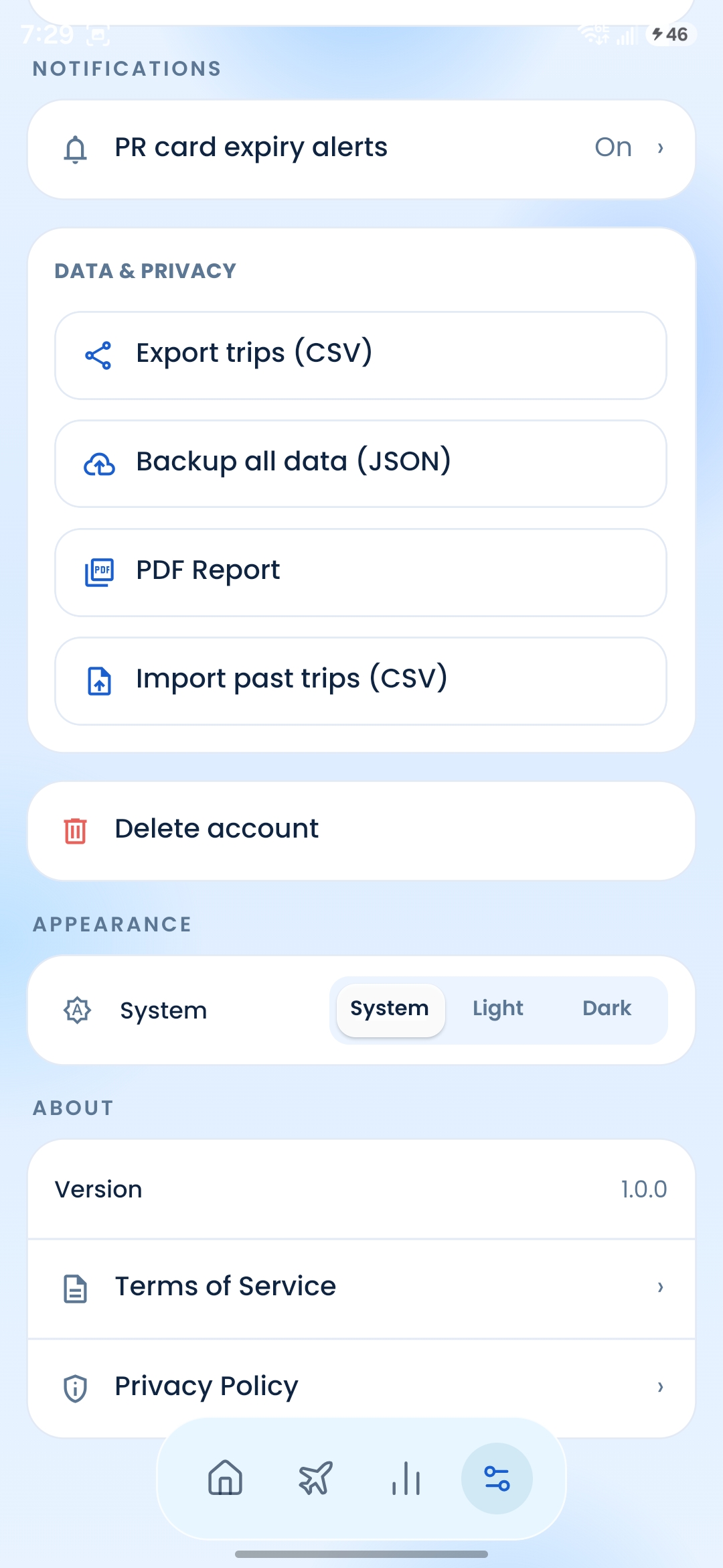BorderLog settings with CSV export, JSON backup and data controls