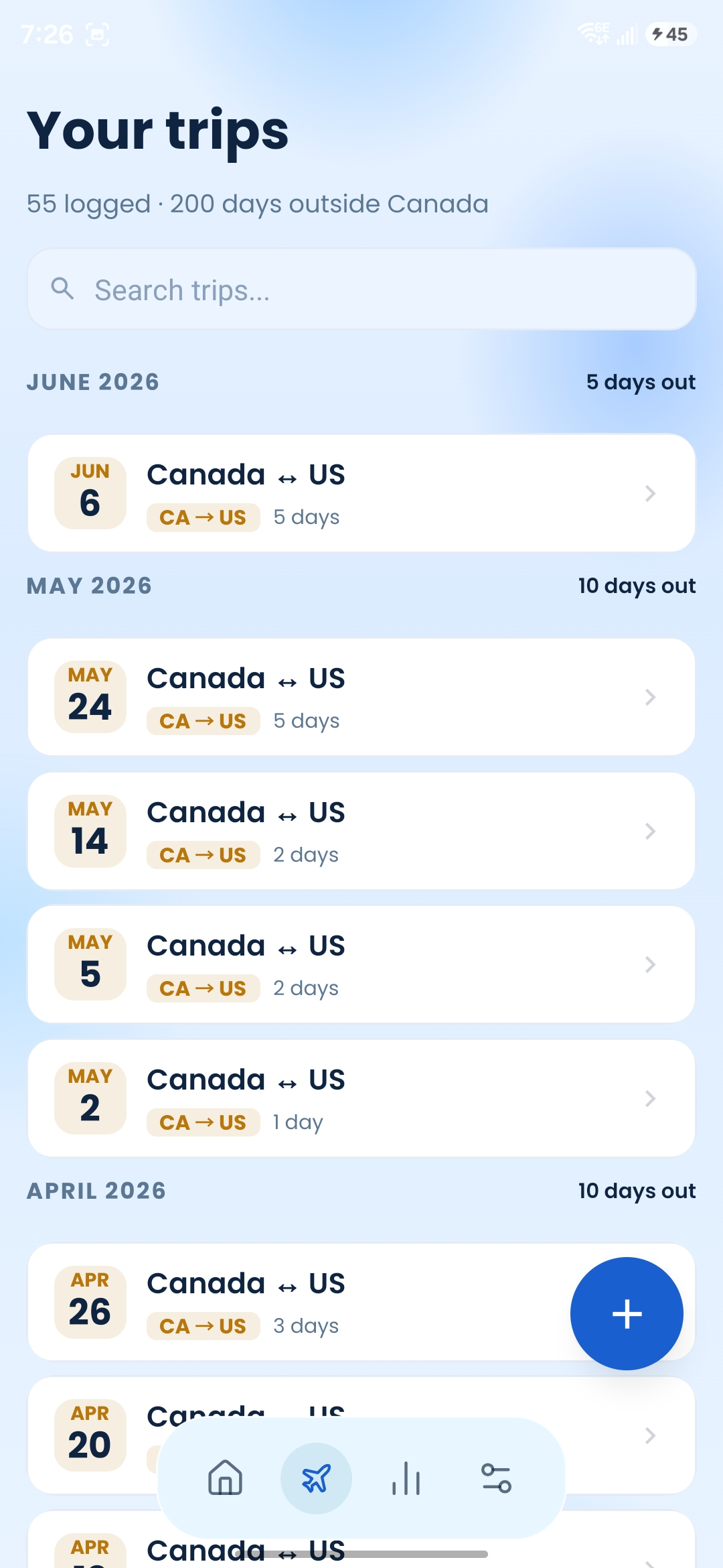 BorderLog trips history and search screen