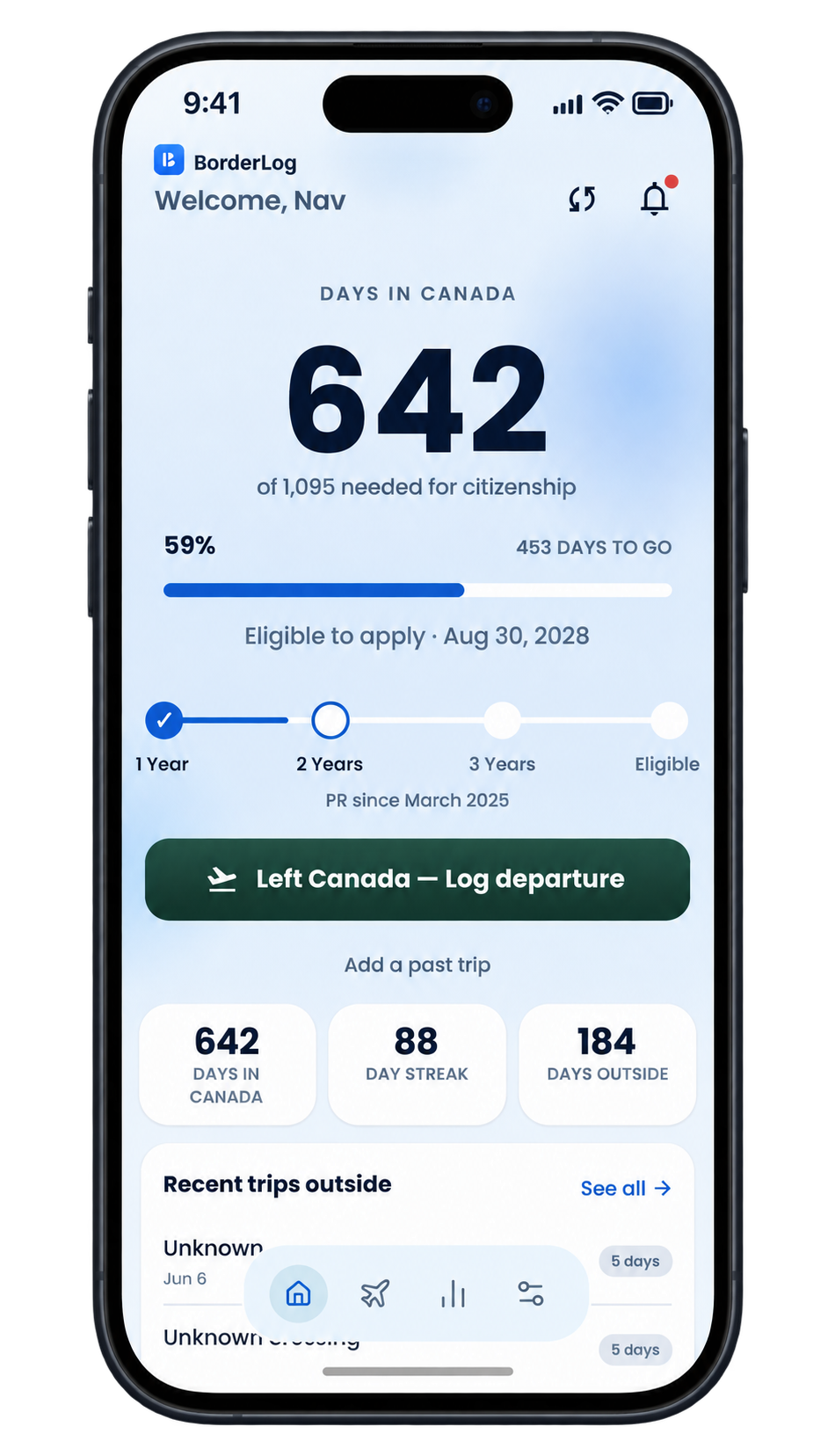 BorderLog app dashboard preview